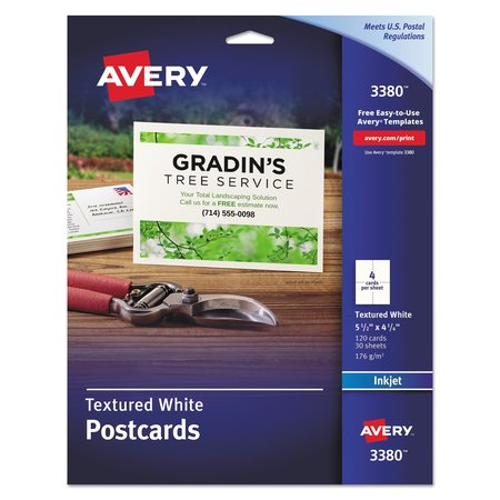 AVERY Printable Postcards, Inkjet, 65 lb, 4.25 x 5.5, Textured Matte White, 120PK 3380